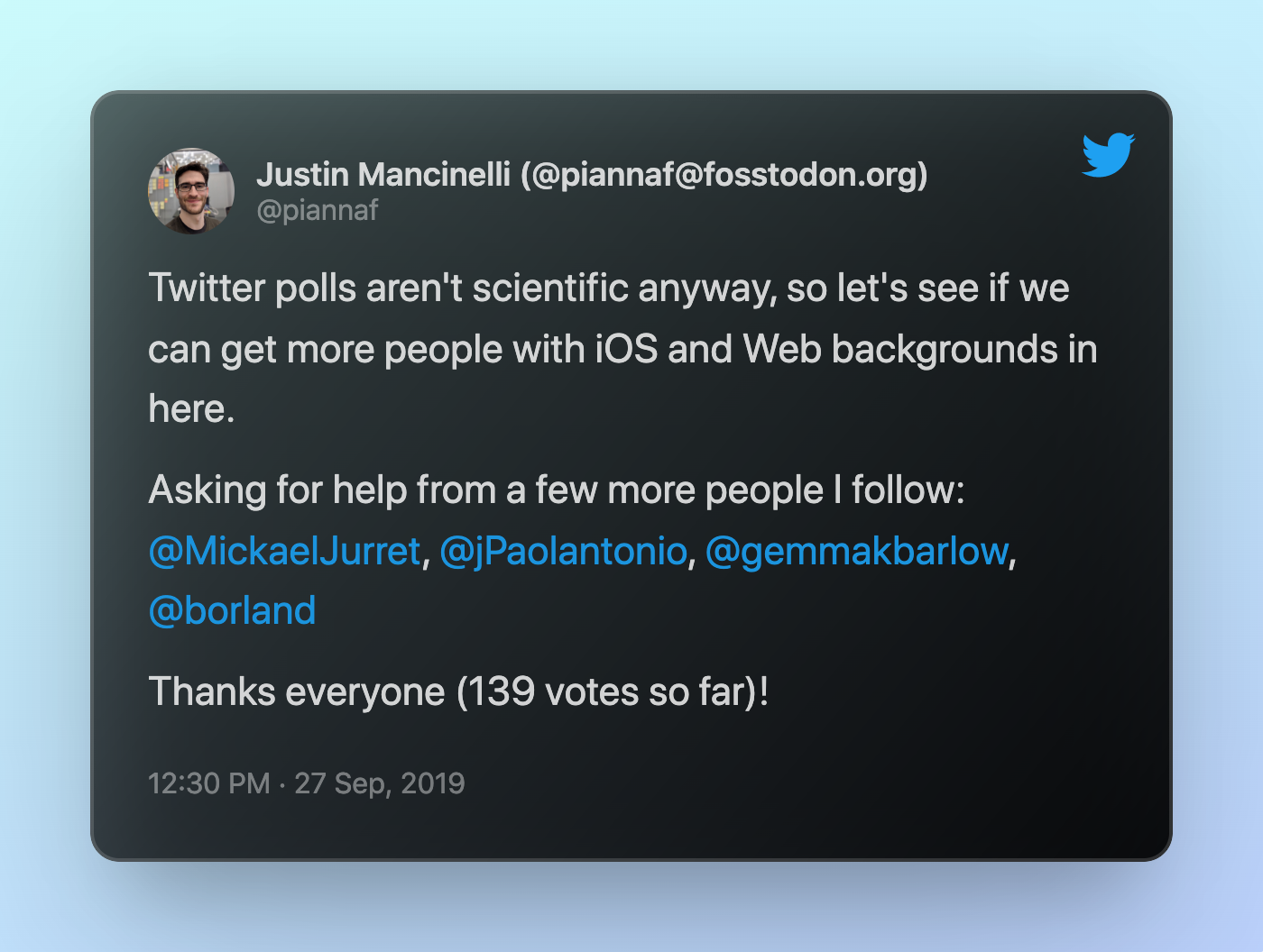 Tweet asking for more engagement from mobile managers with iOS and Web backgrounds